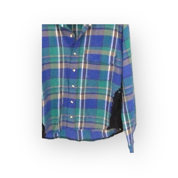 new LF Furst of a Kind  Lace Inset Flannel Shirt  Jacket Shacket  Green Plaid - Picture 5 of 16